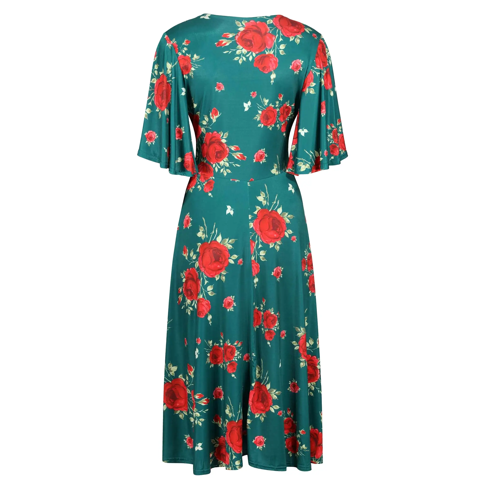 Green And Red Floral Print Waterfall Sleeve Midi Dress