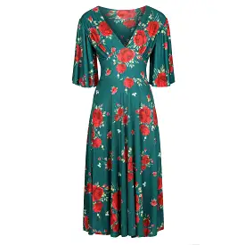 Green And Red Floral Print Waterfall Sleeve Midi Dress