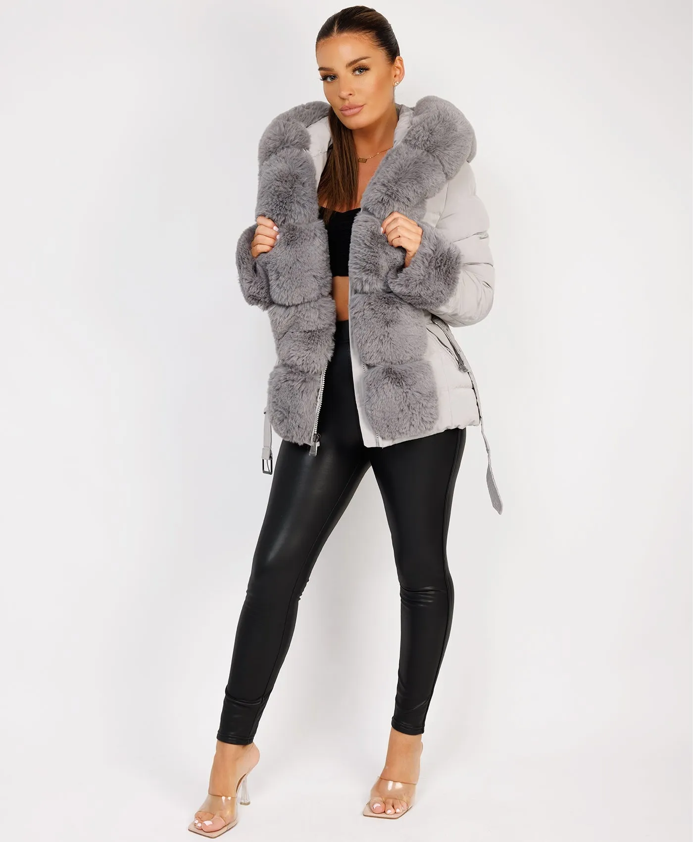 Grey Premium Faux Fur Trim Padded Parka Coat