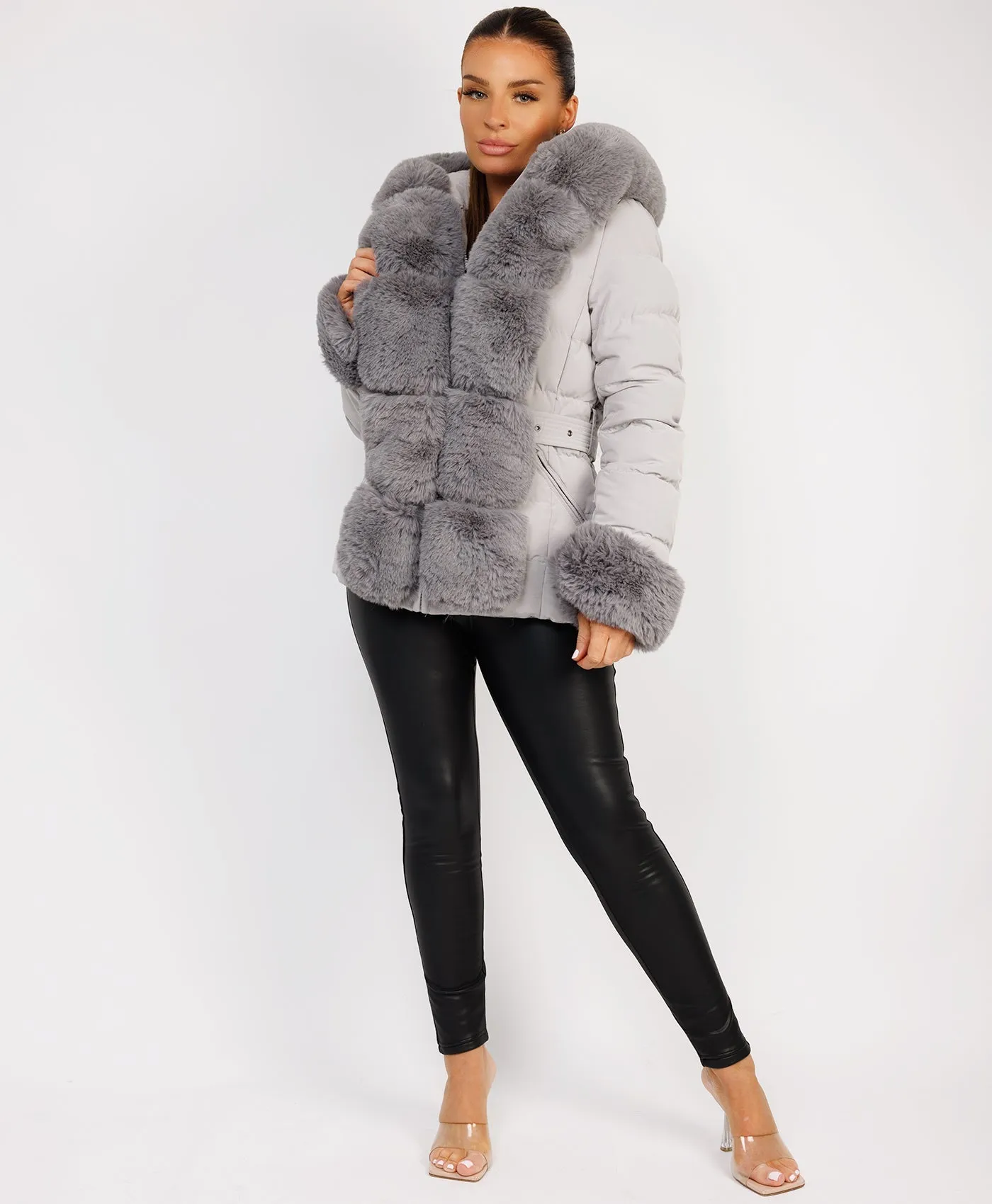 Grey Premium Faux Fur Trim Padded Parka Coat