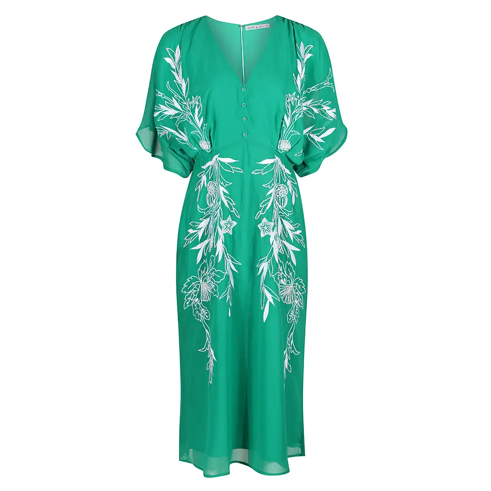 Hope & Ivy Green & White Plunge V Neck Flutter Sleeve Embroidered Midi Dress