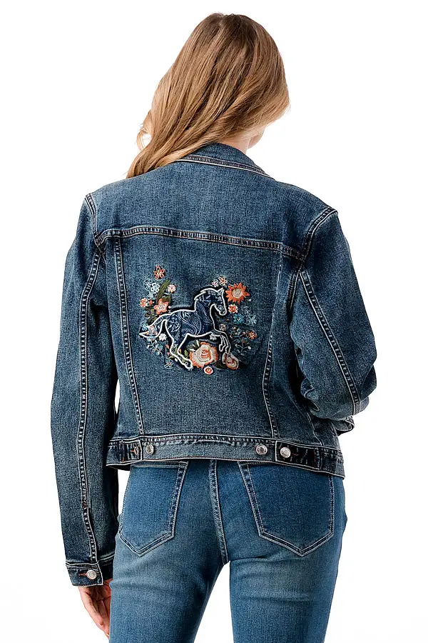 Horse /Floral Embroidery Denim Jacket