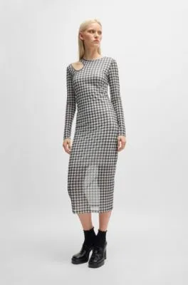 Houndstooth mesh midi dress with cut-out neckline