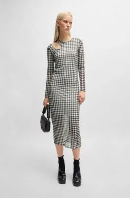 Houndstooth mesh midi dress with cut-out neckline