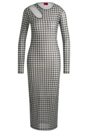 Houndstooth mesh midi dress with cut-out neckline