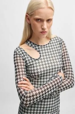 Houndstooth mesh midi dress with cut-out neckline