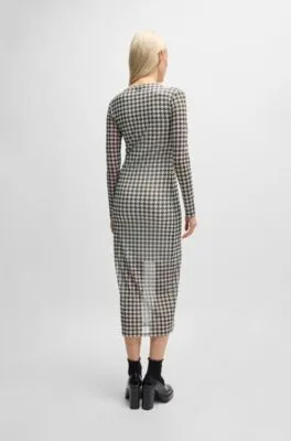 Houndstooth mesh midi dress with cut-out neckline