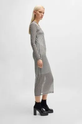 Houndstooth mesh midi dress with cut-out neckline