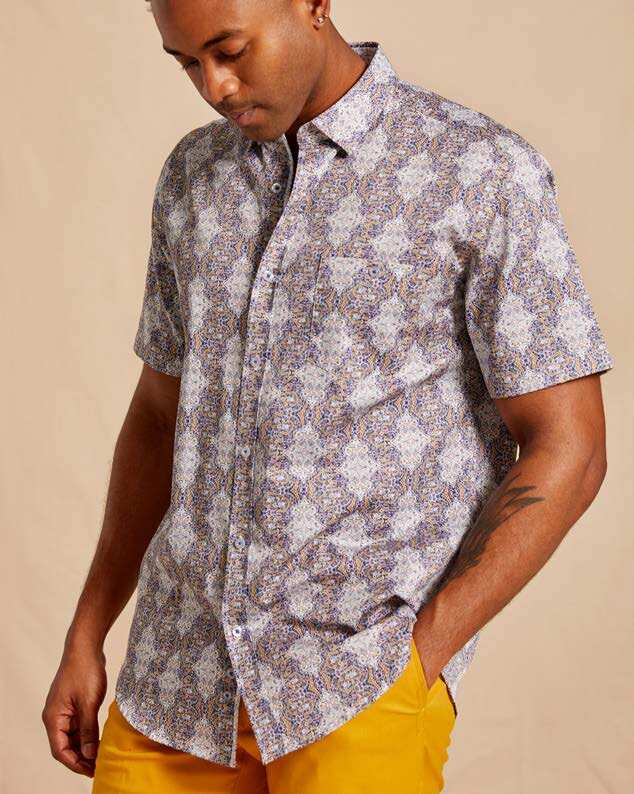 Inserch Premium Cotton Mediterranean Print Short Sleeve Shirt SS017-11 Navy