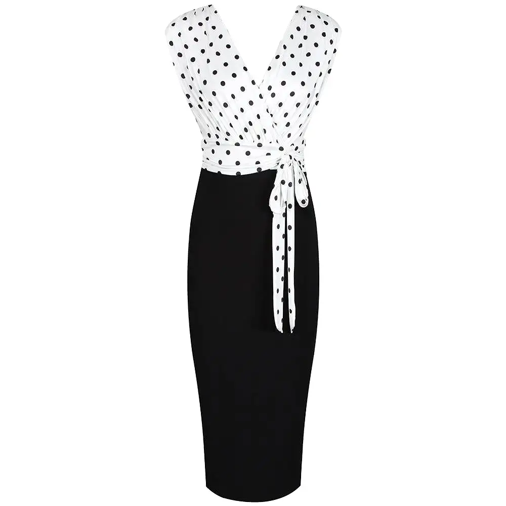 Ivory And Black Polka Dot Wrap Effect Bodycon Midi Dress