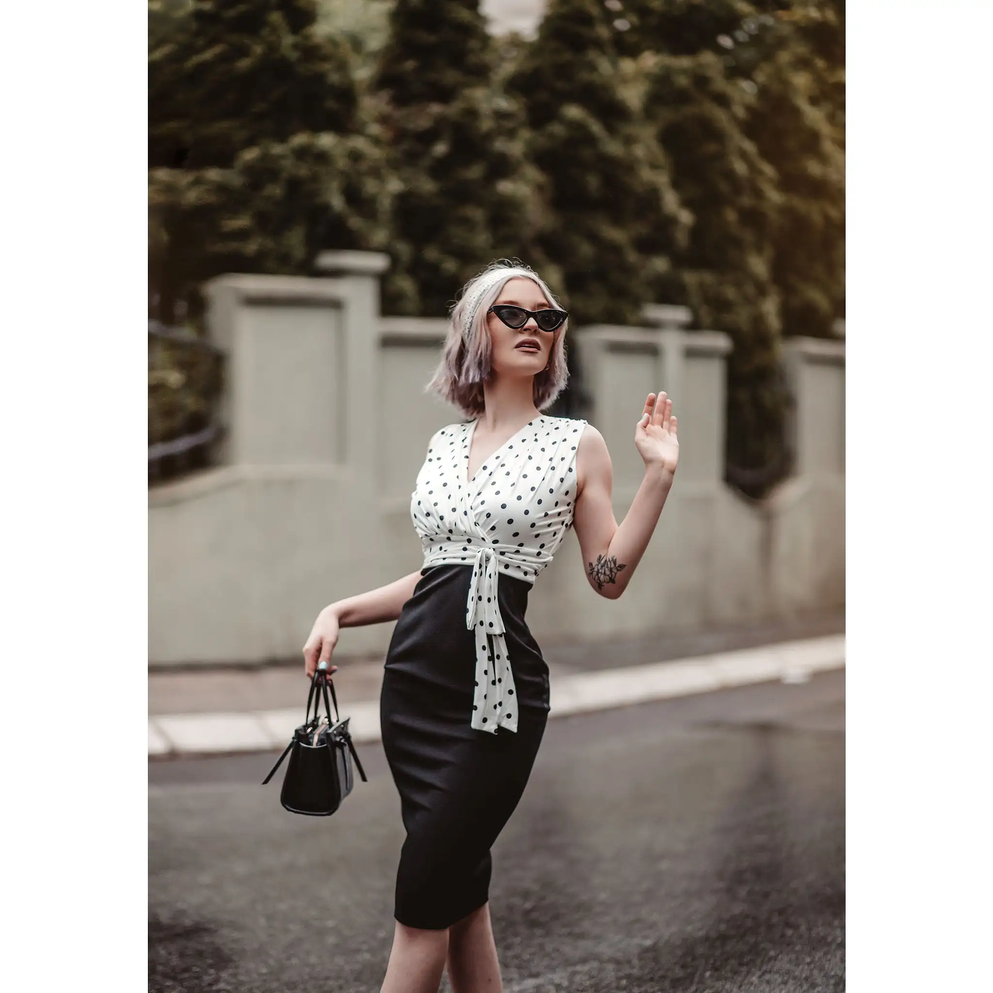 Ivory And Black Polka Dot Wrap Effect Bodycon Midi Dress