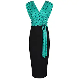 Jade Green And Black Polka Wrap Effect Bodycon Midi Dress