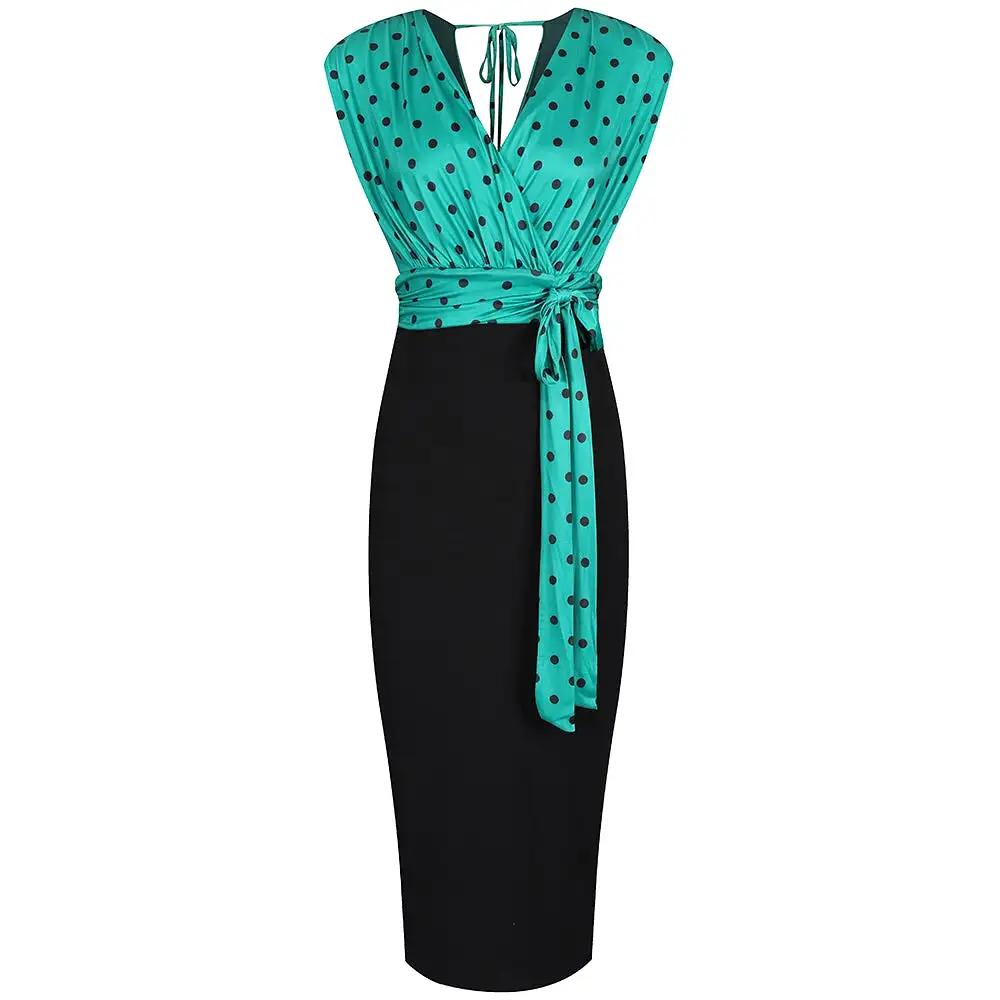 Jade Green And Black Polka Wrap Effect Bodycon Midi Dress