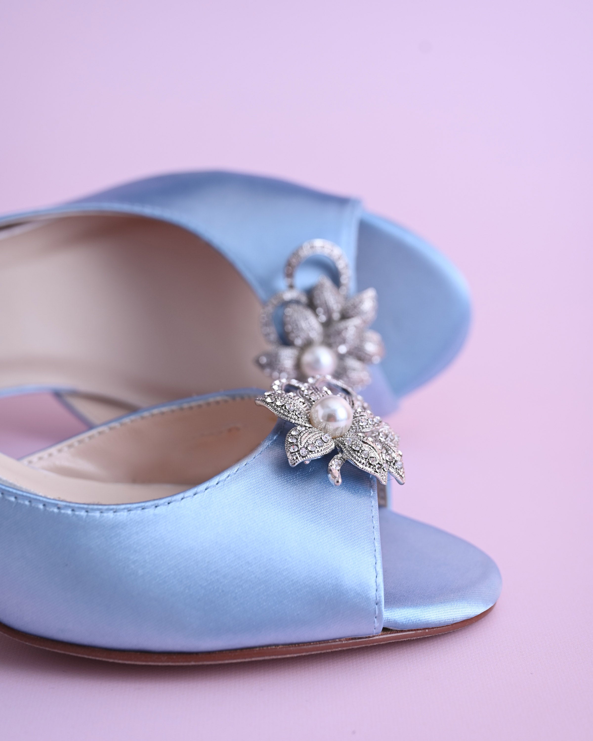 Joy Cornflower Blue Wedding Shoes with Looped Pearl Flower Adornment