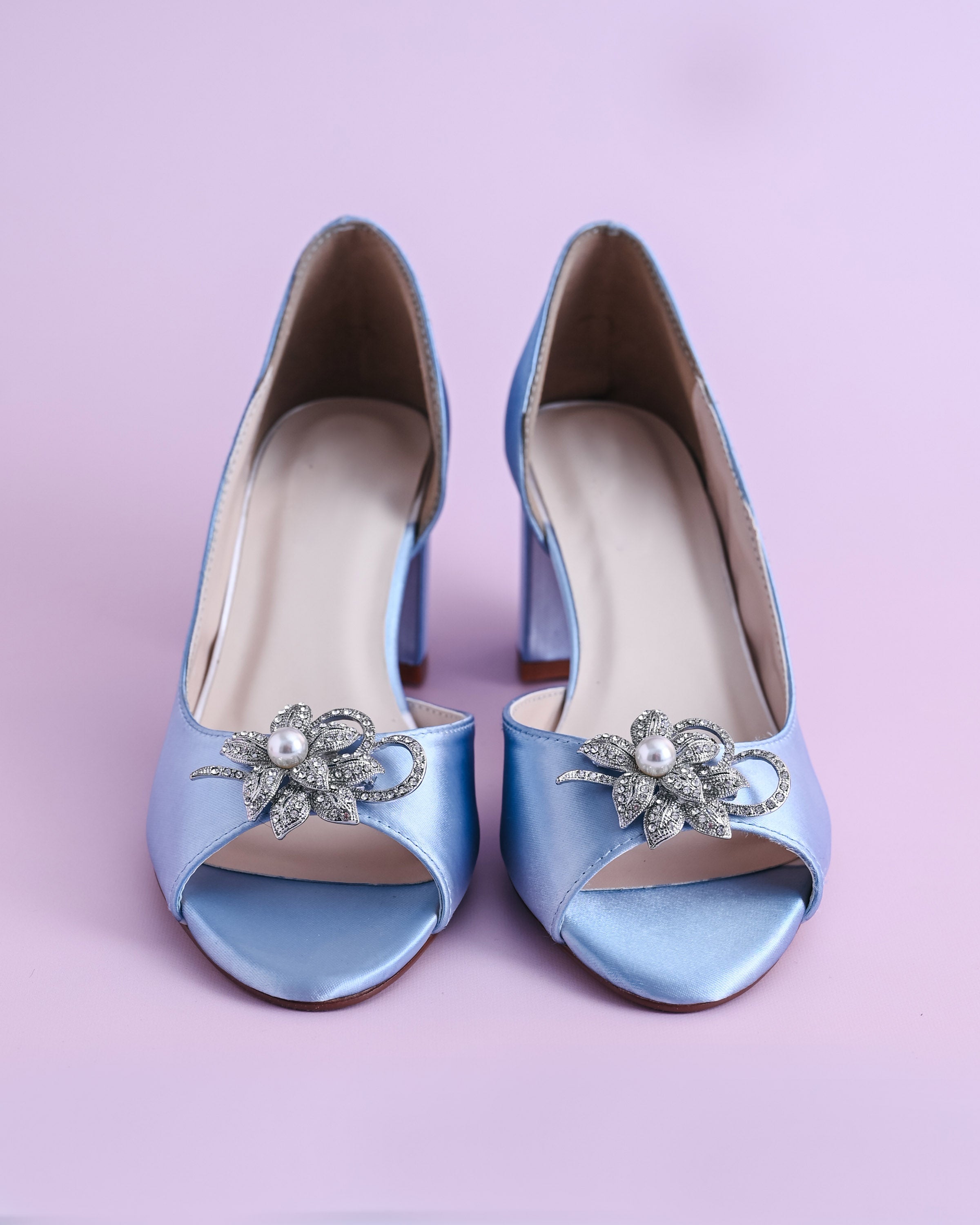 Joy Cornflower Blue Wedding Shoes with Looped Pearl Flower Adornment