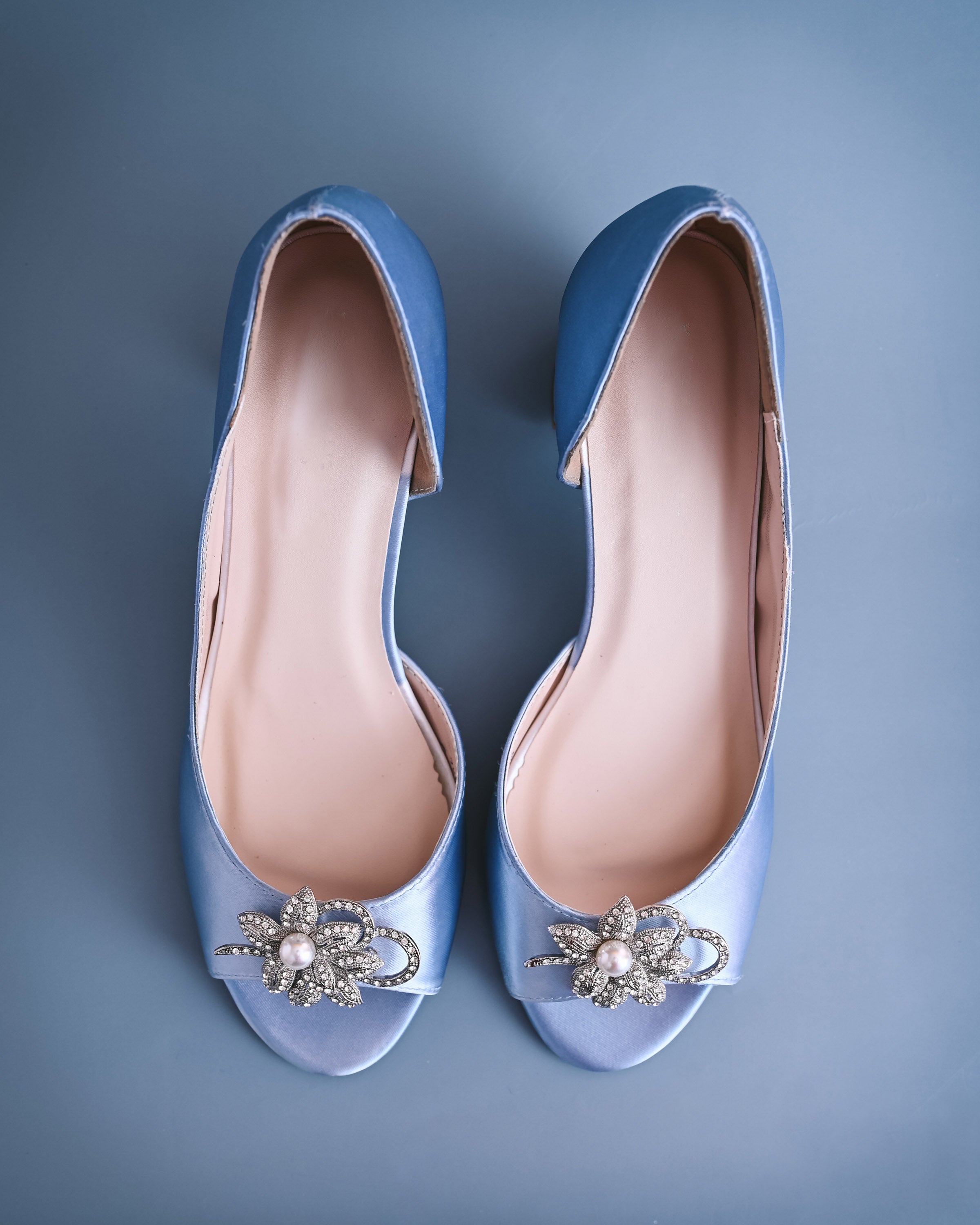 Joy Cornflower Blue Wedding Shoes with Looped Pearl Flower Adornment