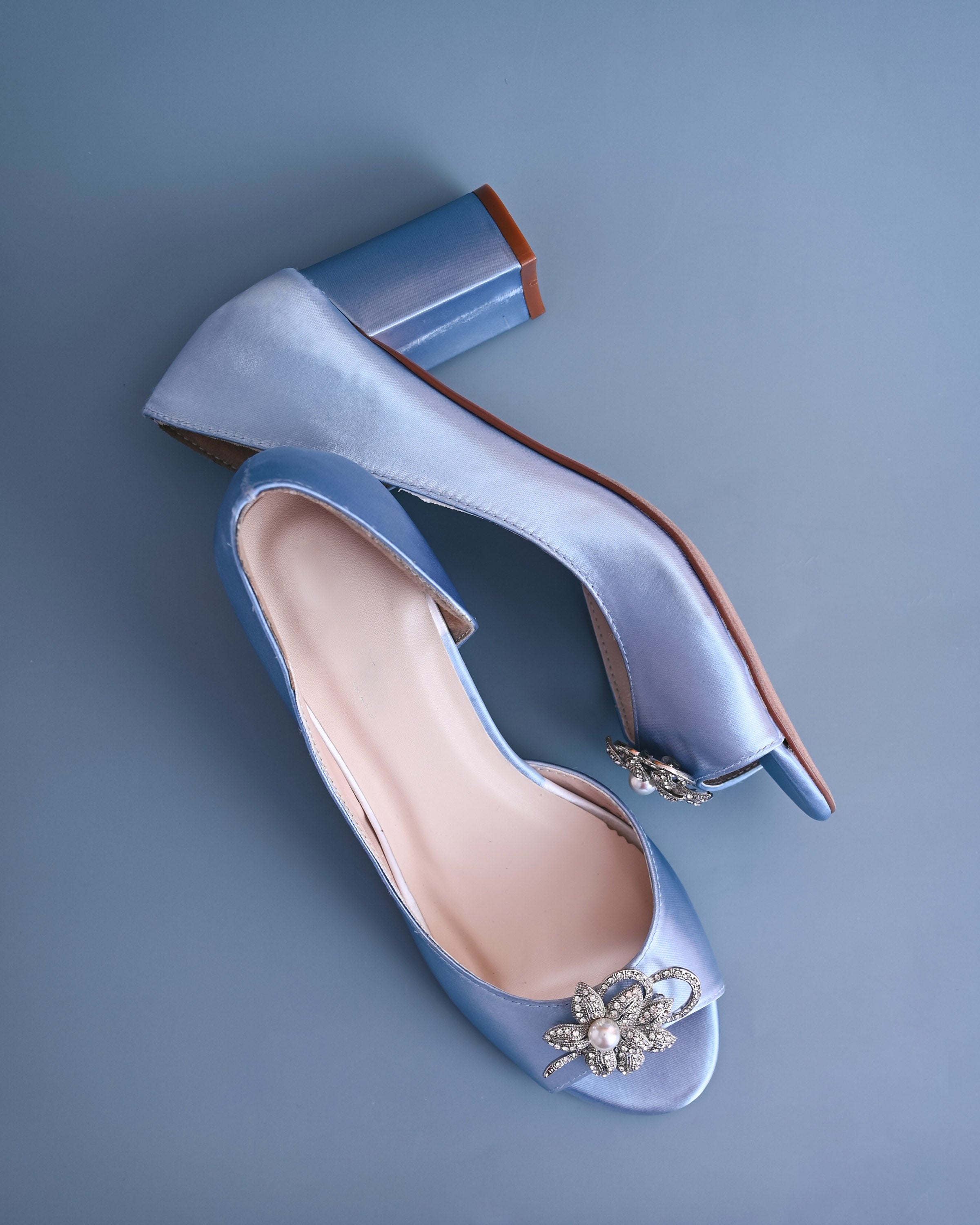 Joy Cornflower Blue Wedding Shoes with Looped Pearl Flower Adornment