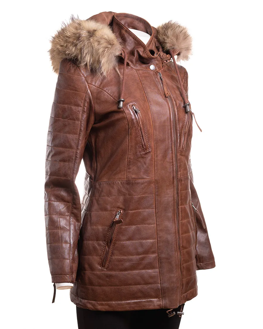 Ladies Antique Cognac Horizontal Panel Parka Coat With Detachable Hood - Sofia