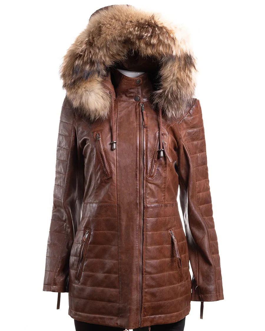 Ladies Antique Cognac Horizontal Panel Parka Coat With Detachable Hood - Sofia