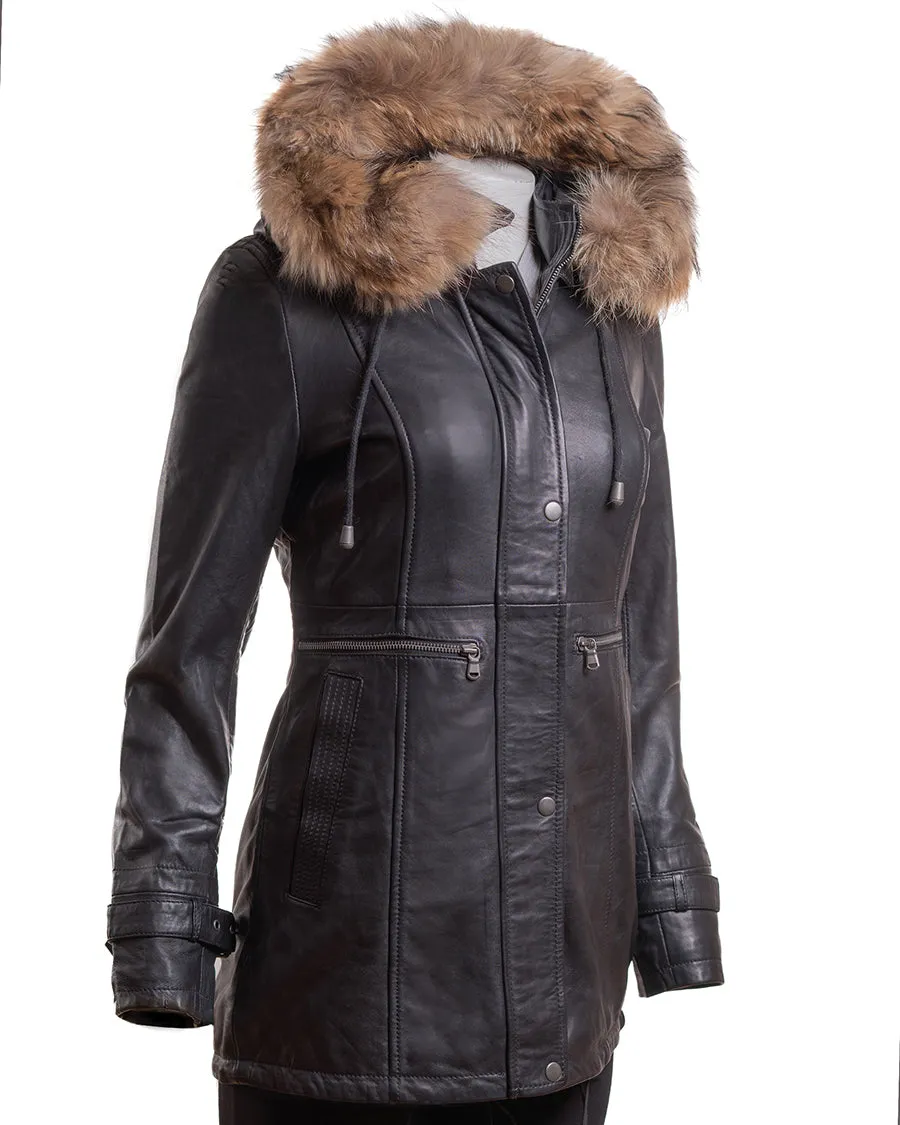 Ladies Black Leather Parka Coat With Detachable Hood - Nancy