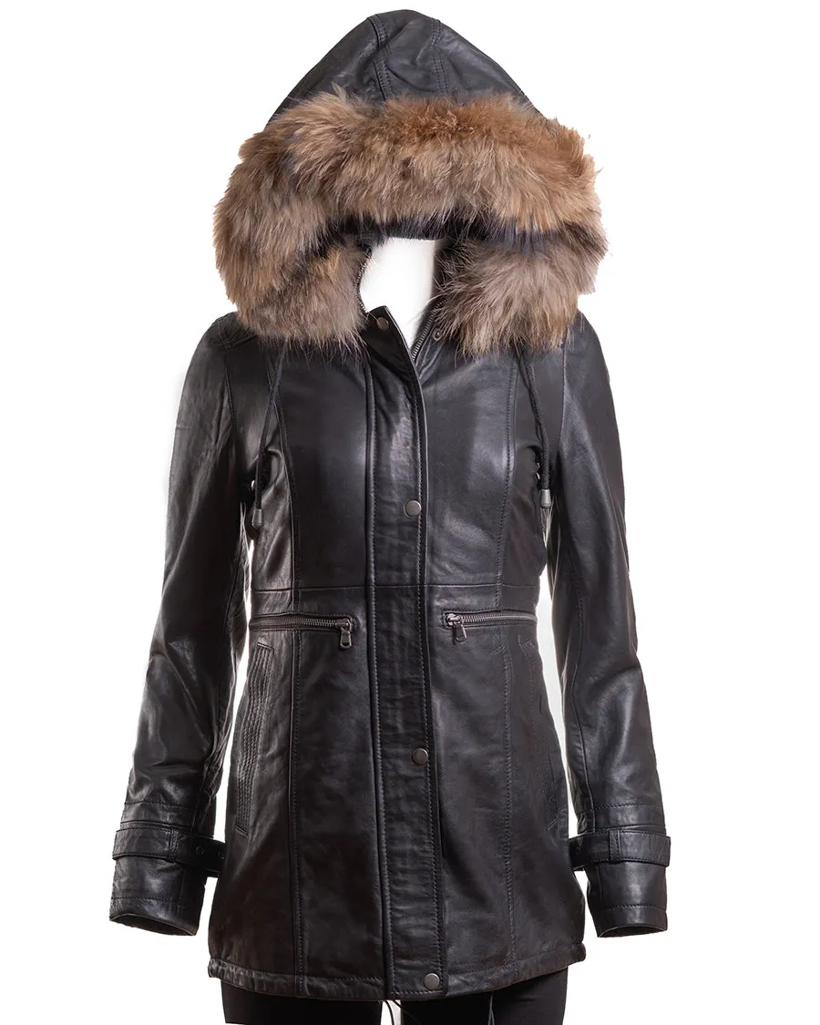 Ladies Black Leather Parka Coat With Detachable Hood - Nancy