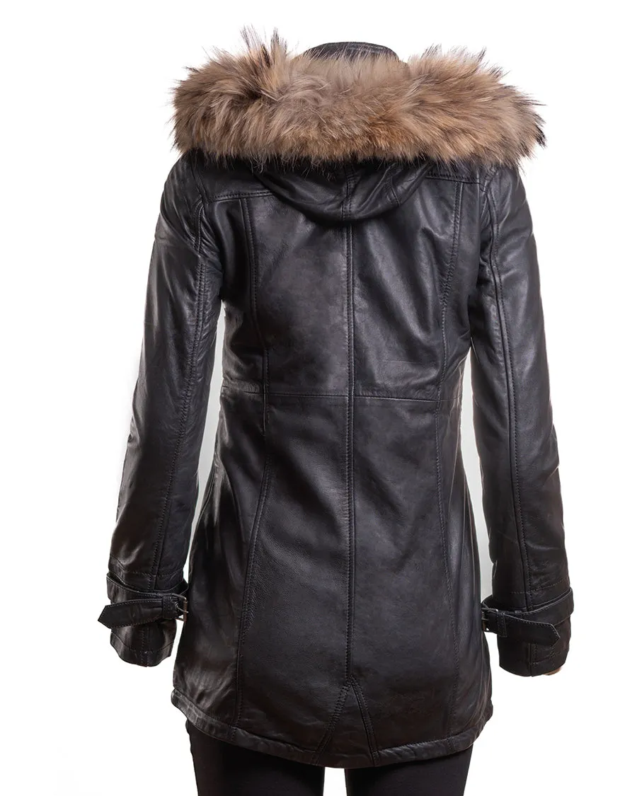 Ladies Black Leather Parka Coat With Detachable Hood - Nancy