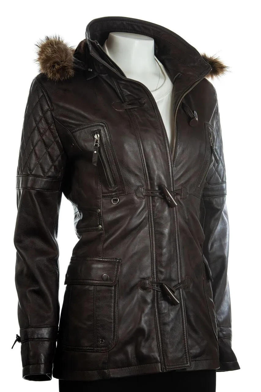 Ladies Brown Fitted Leather Parka Coat With Fur Trimmed Detachable Hood: Marina