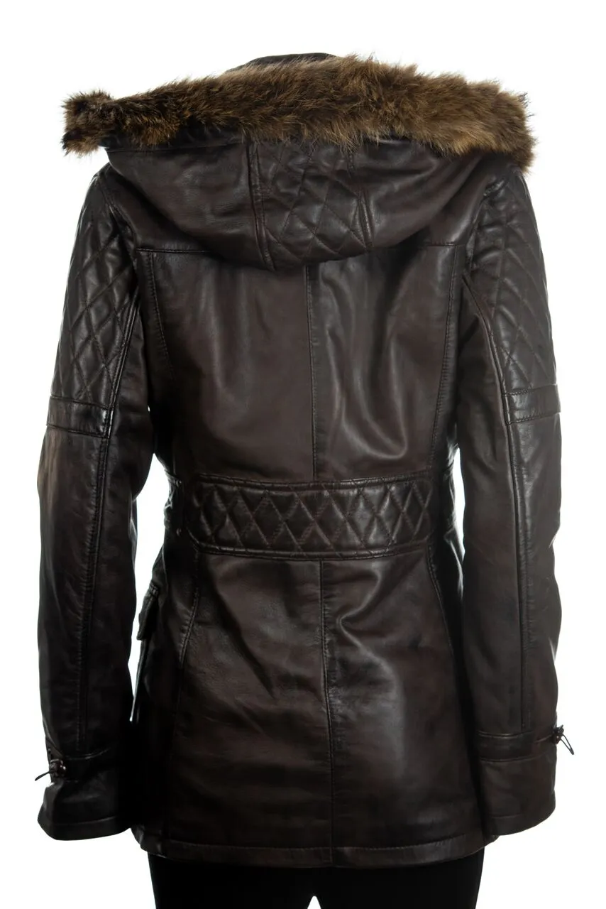 Ladies Brown Fitted Leather Parka Coat With Fur Trimmed Detachable Hood: Marina