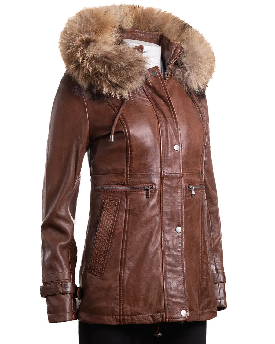 Ladies Cognac Leather Parka Coat With Detachable Hood - Nancy