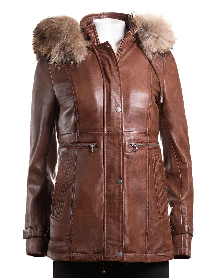 Ladies Cognac Leather Parka Coat With Detachable Hood - Nancy