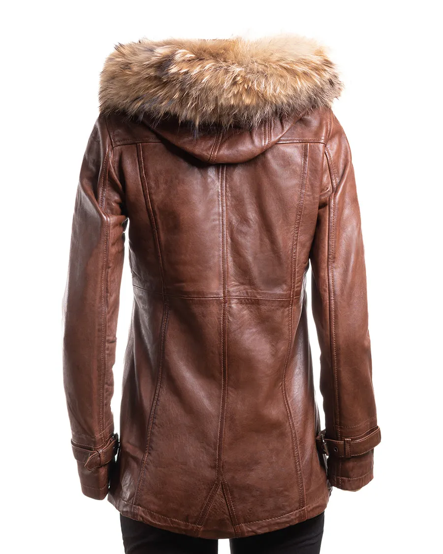 Ladies Cognac Leather Parka Coat With Detachable Hood - Nancy