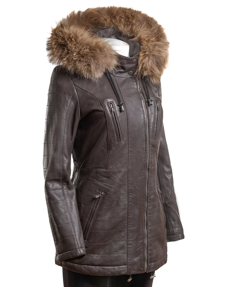 Ladies Dark Brown Horizontal Panel Parka Coat With Detachable Hood - Sofia