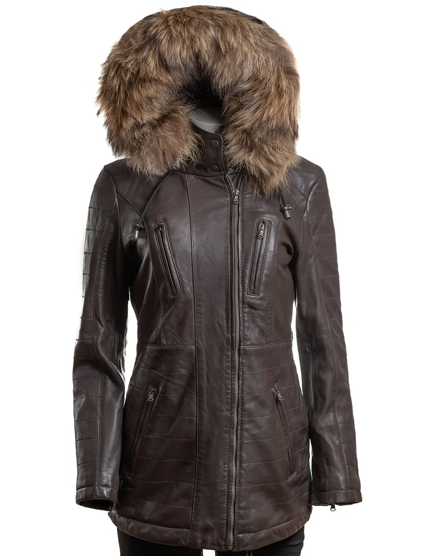 Ladies Dark Brown Horizontal Panel Parka Coat With Detachable Hood - Sofia