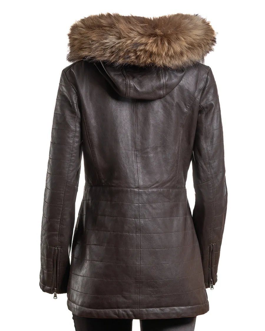 Ladies Dark Brown Horizontal Panel Parka Coat With Detachable Hood - Sofia