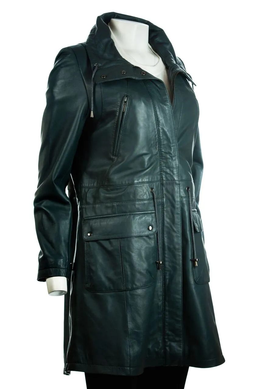 Ladies Navy Soft Leather 3/4 Parka - Cara