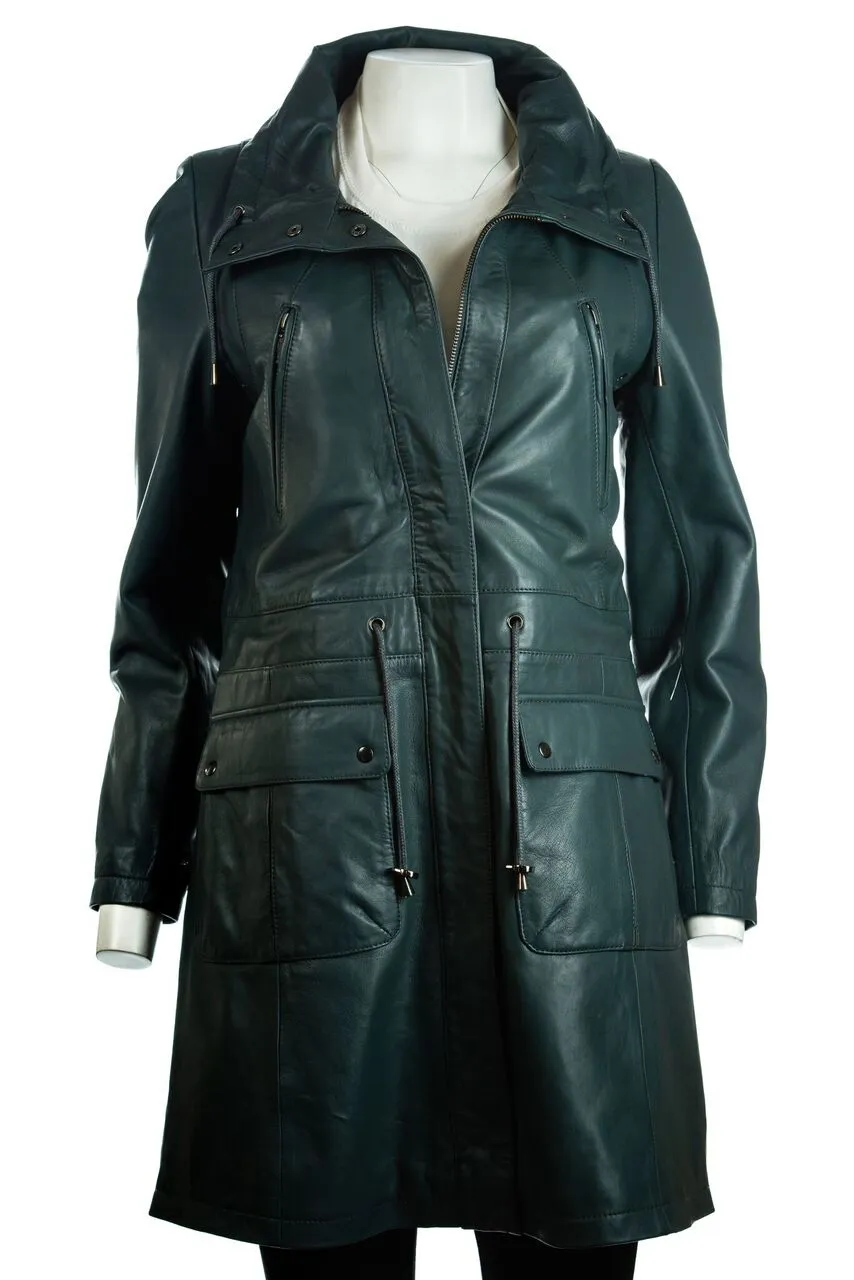 Ladies Navy Soft Leather 3/4 Parka - Cara