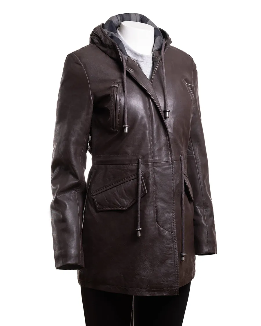 Ladies Soft Brown Hooded Leather Parka Jacket - Cordelia