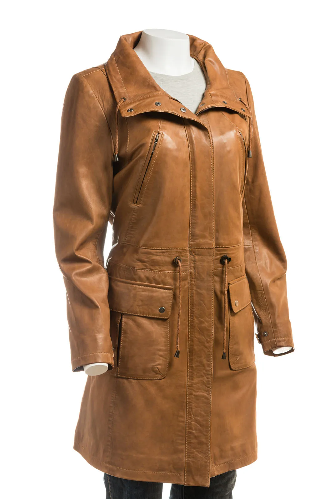 Ladies Tan Soft Leather 3/4 Parka - Cara