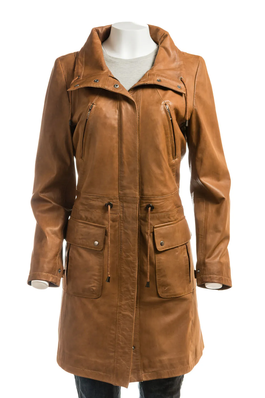 Ladies Tan Soft Leather 3/4 Parka - Cara