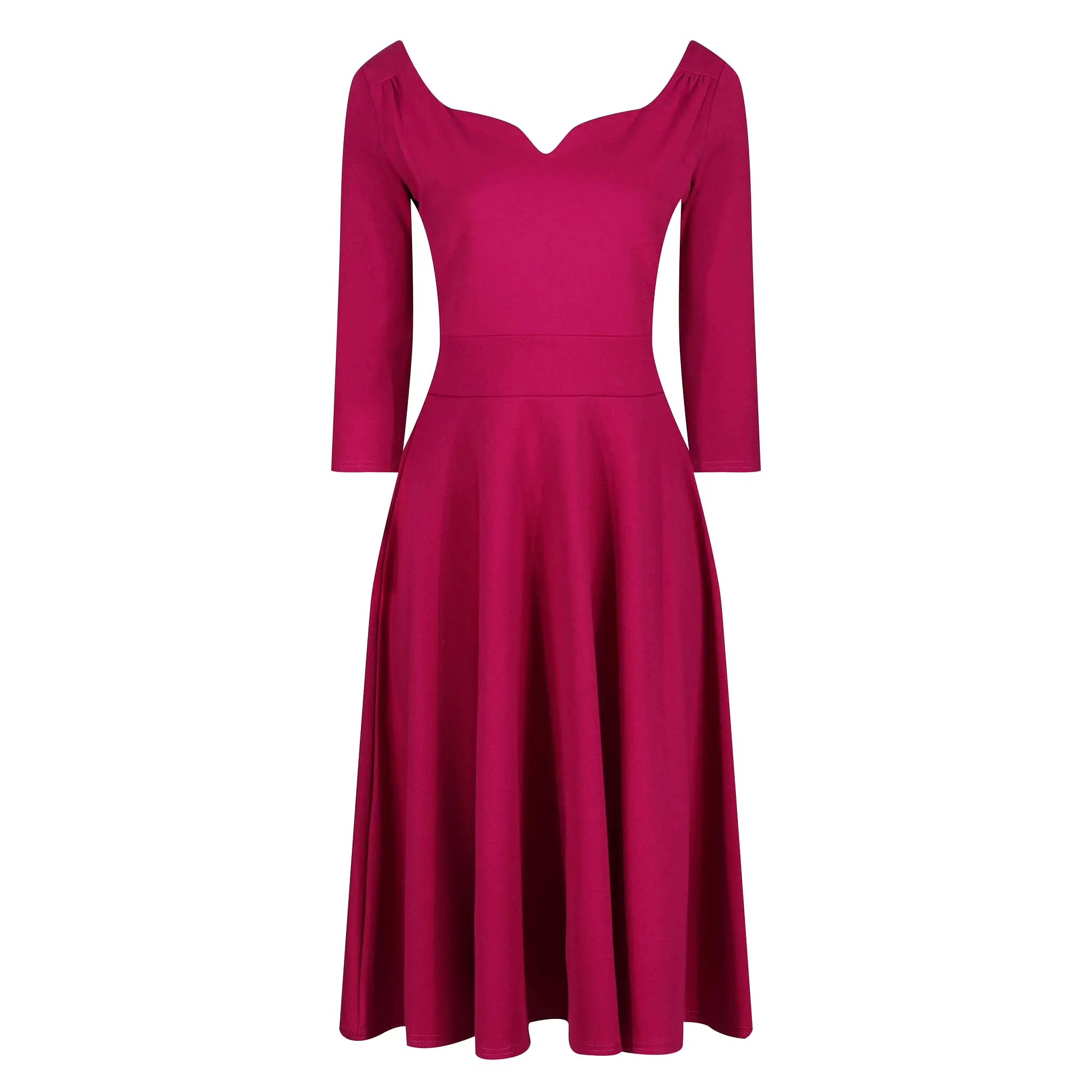 Magenta Diamond Neckline 3/4 Sleeve Vintage Swing Midi Dress