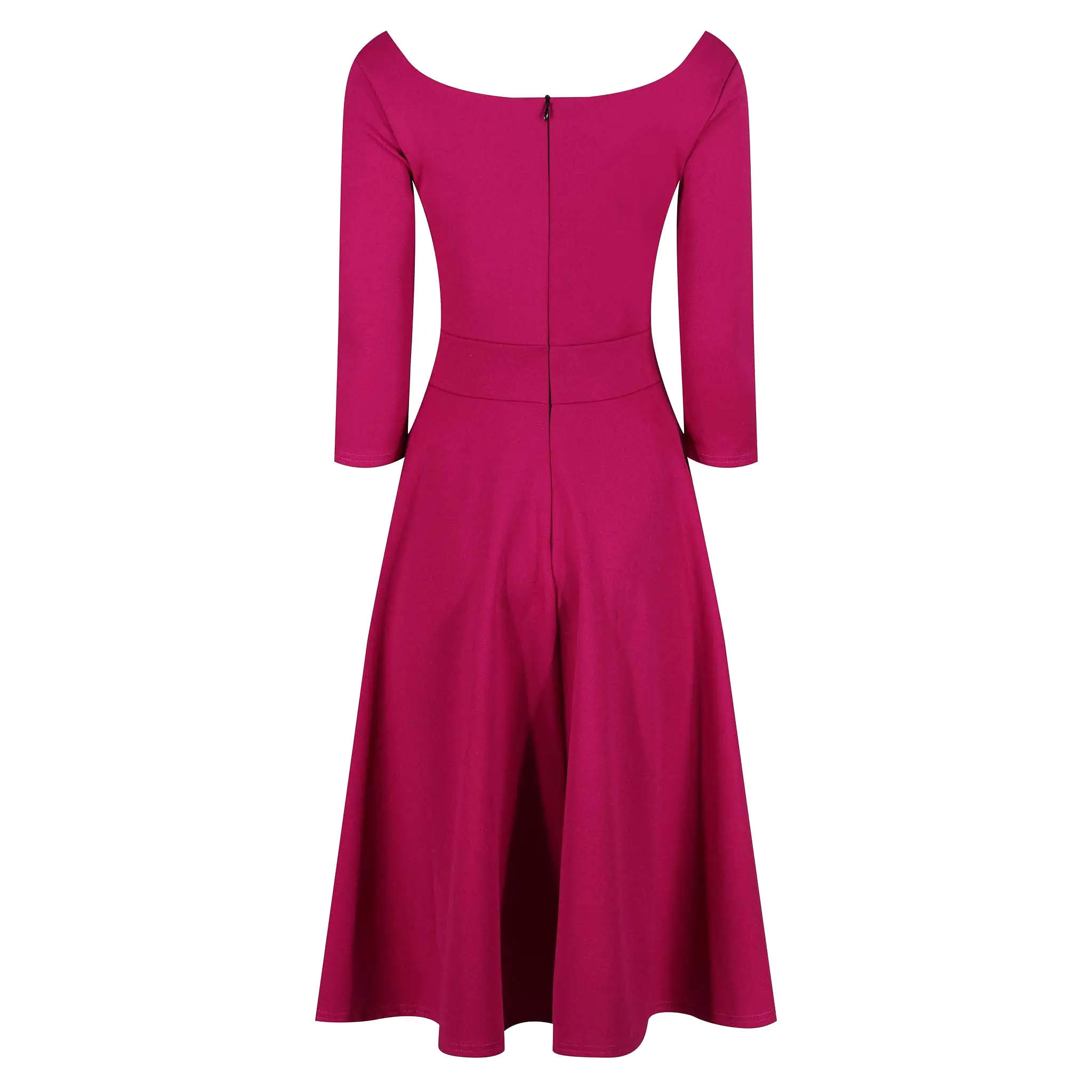 Magenta Diamond Neckline 3/4 Sleeve Vintage Swing Midi Dress