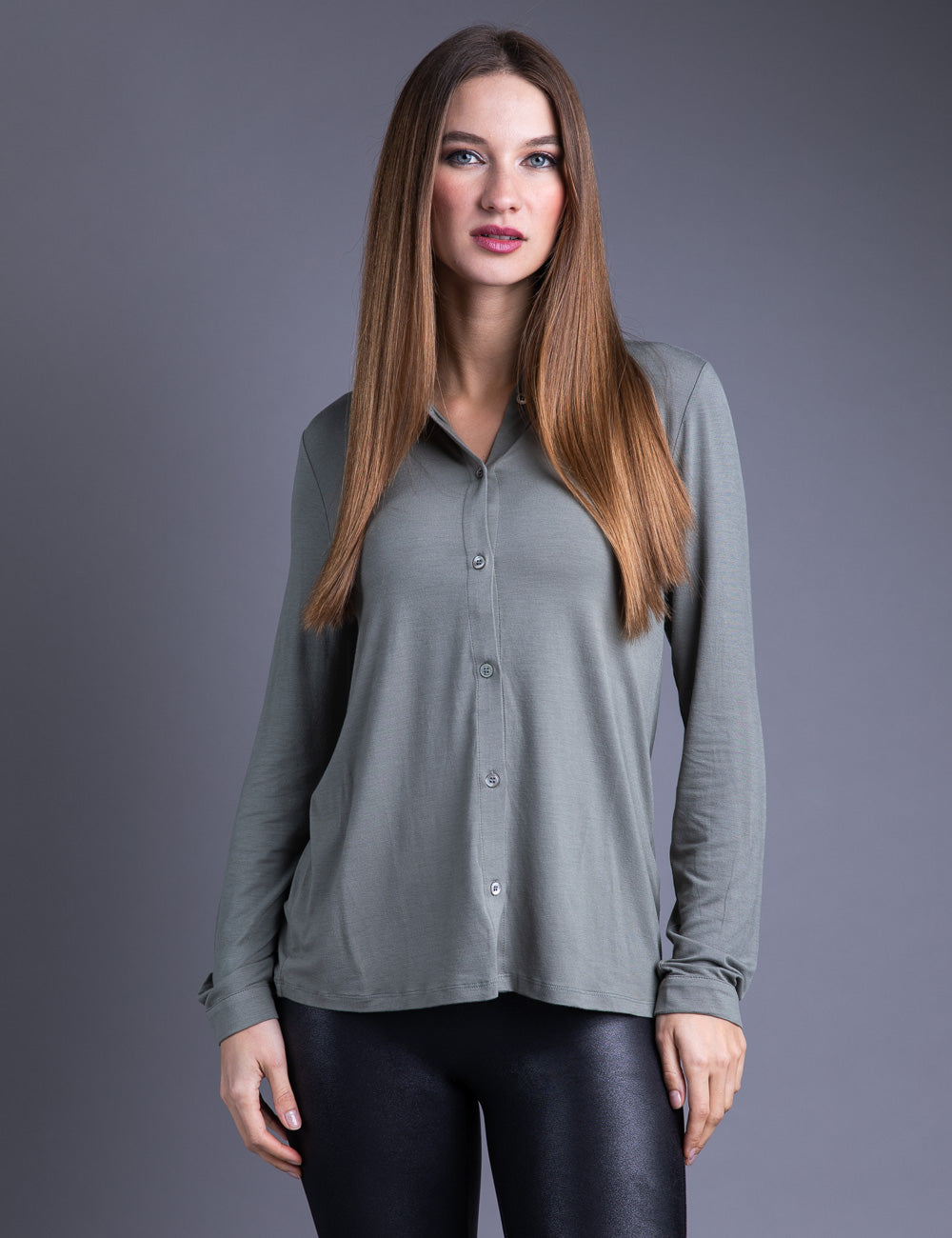 Majestic Long Sleeve Viscose Button Down Shirt in Kaki Army