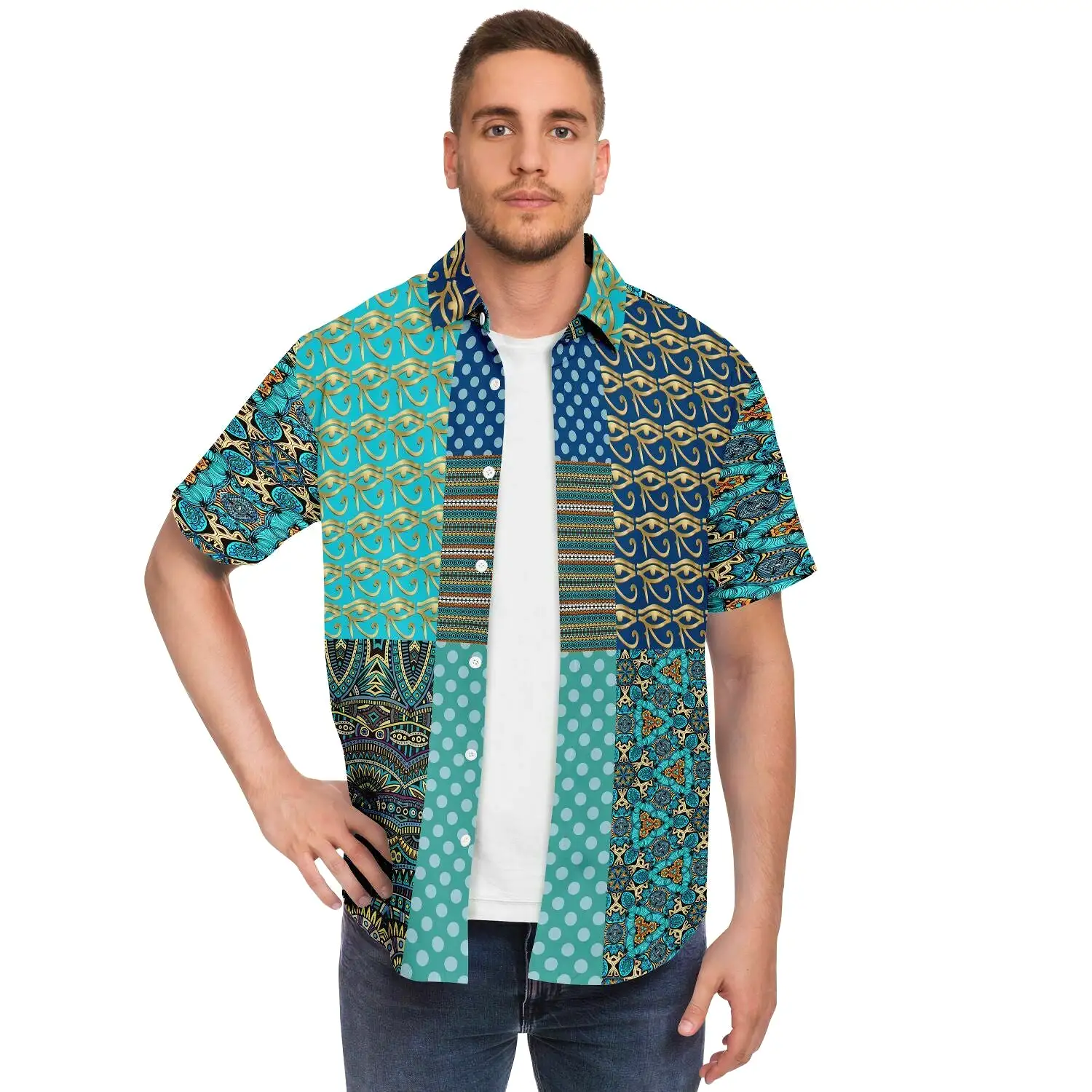 Many Blessings Horus Eye Patchwork Button Down Shirt