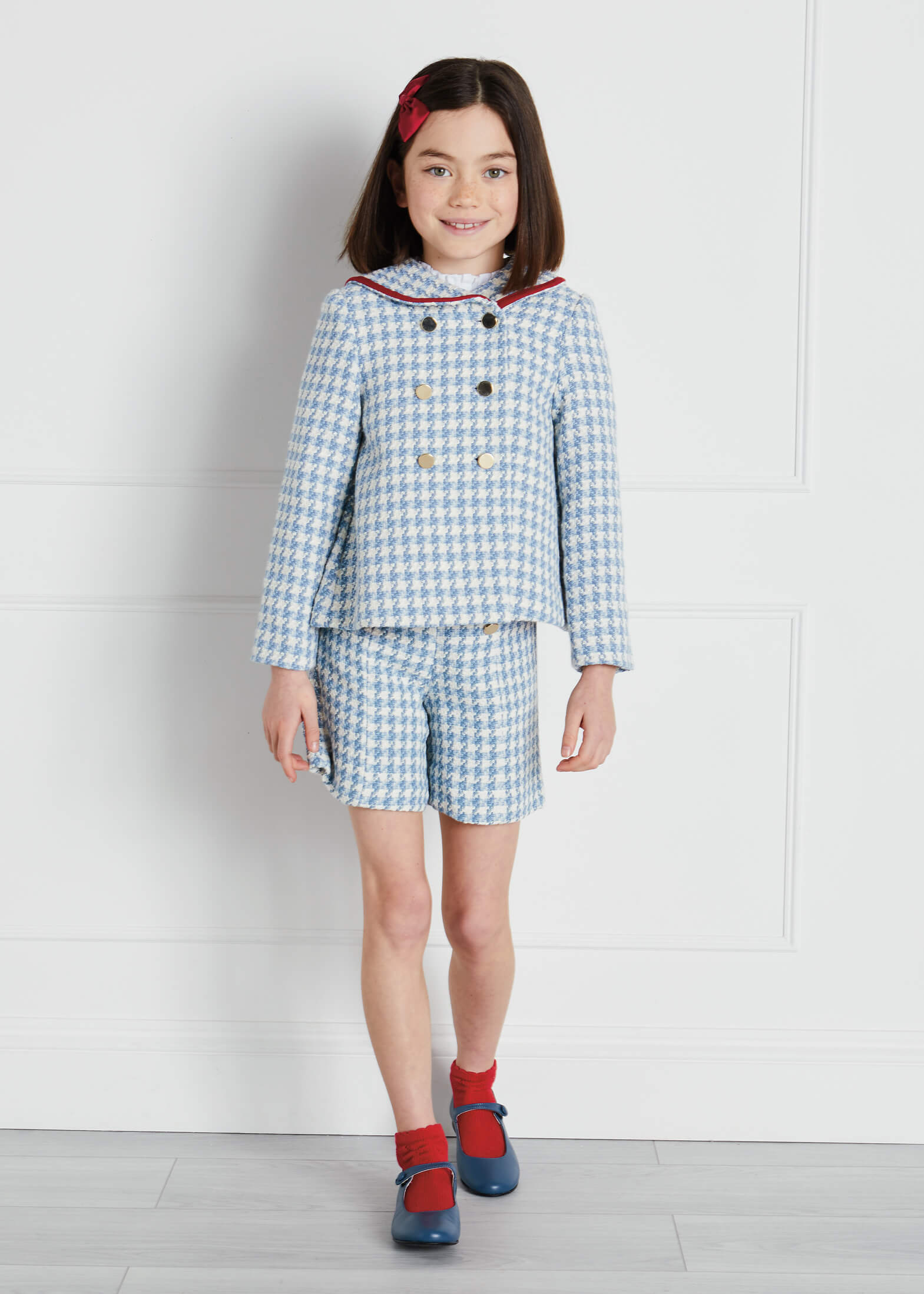 Mariner Collar Gold Button Houndstooth Jacket in Blue (4-10yrs)