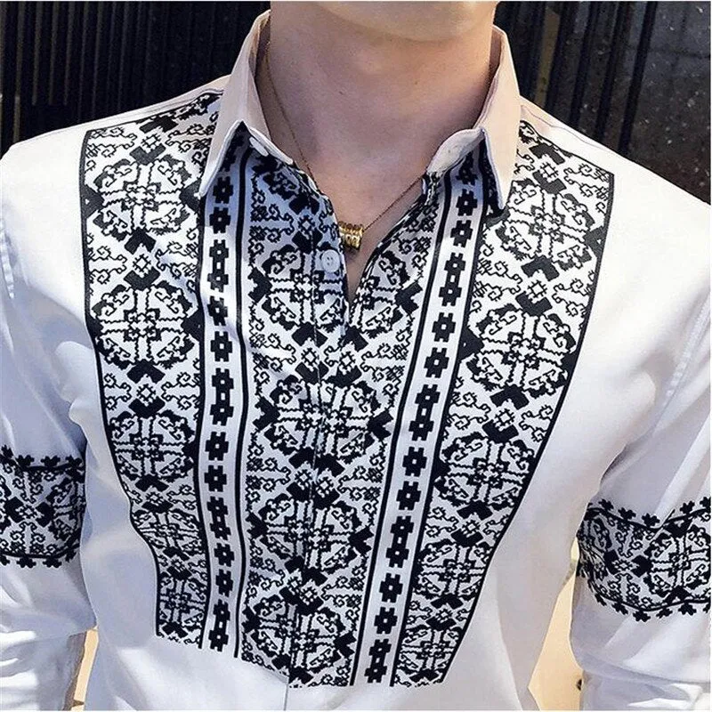 Men's Fashion Casual Slim British Style Printed Pattern Long Sleeve Shirt