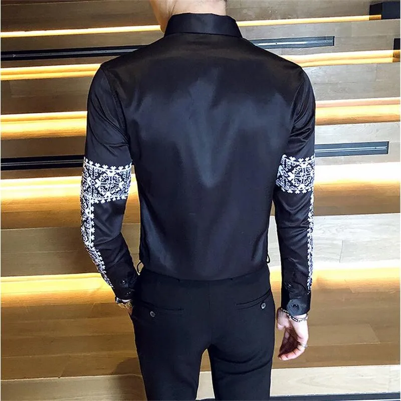 Men's Fashion Casual Slim British Style Printed Pattern Long Sleeve Shirt