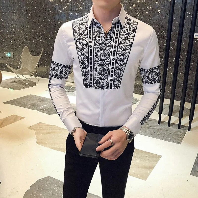 Men's Fashion Casual Slim British Style Printed Pattern Long Sleeve Shirt