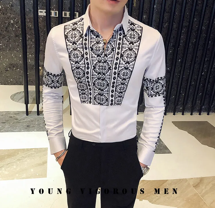 Men's Fashion Casual Slim British Style Printed Pattern Long Sleeve Shirt