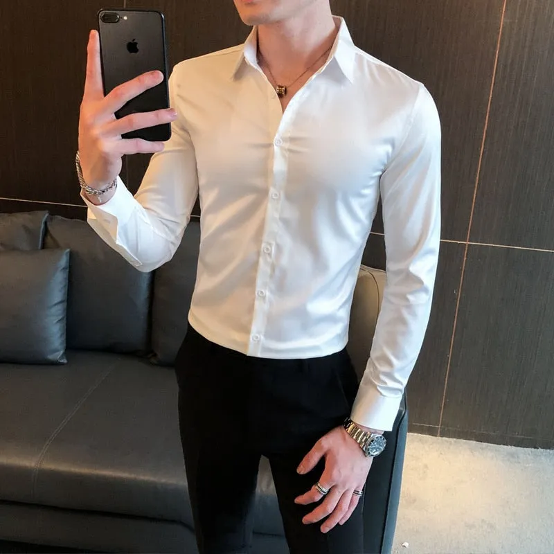 Men's Korean Fashion Polyester Embroidery Slim Fit Long Sleeve Shirt