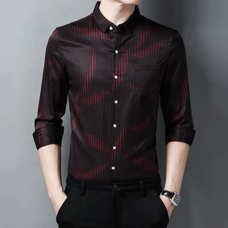 Men's Luxury Korean Striped Casual Long Sleeve Shirt with Pocket